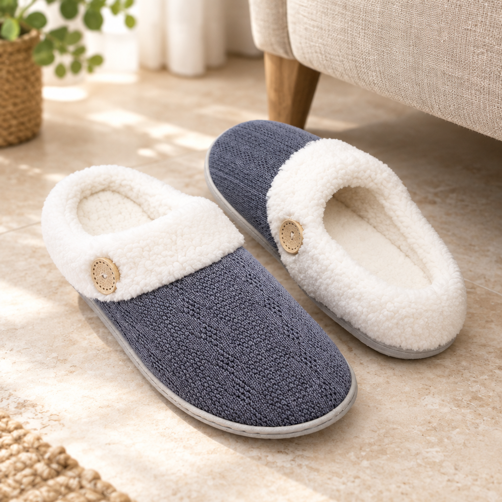 Blue-grey pair of soft-lined indoor slippers in natural light