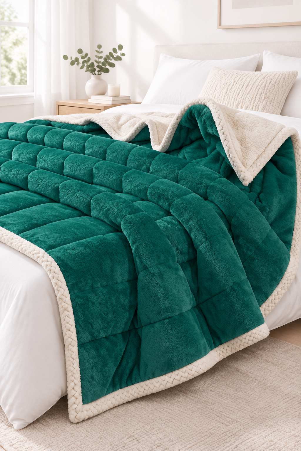 Army Green three-layer coral fleece blanket folded on a bed