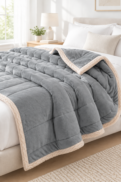 Dark Grey three-layer coral fleece blanket folded on a bed