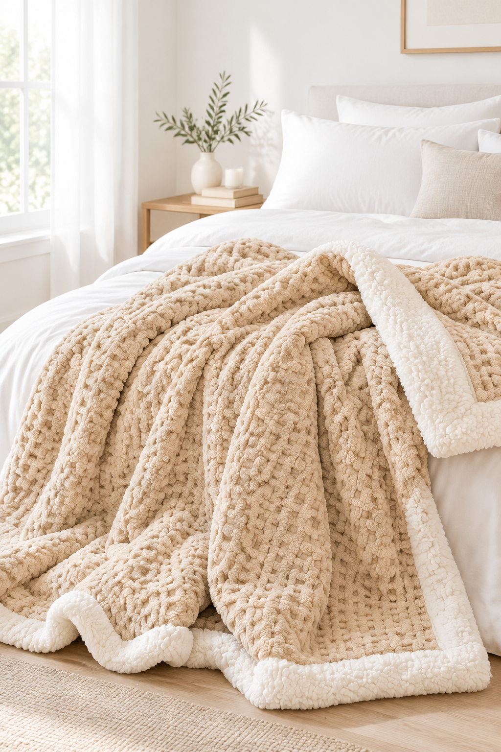 Fruit Green waffle jacquard throw blanket folded on a bed