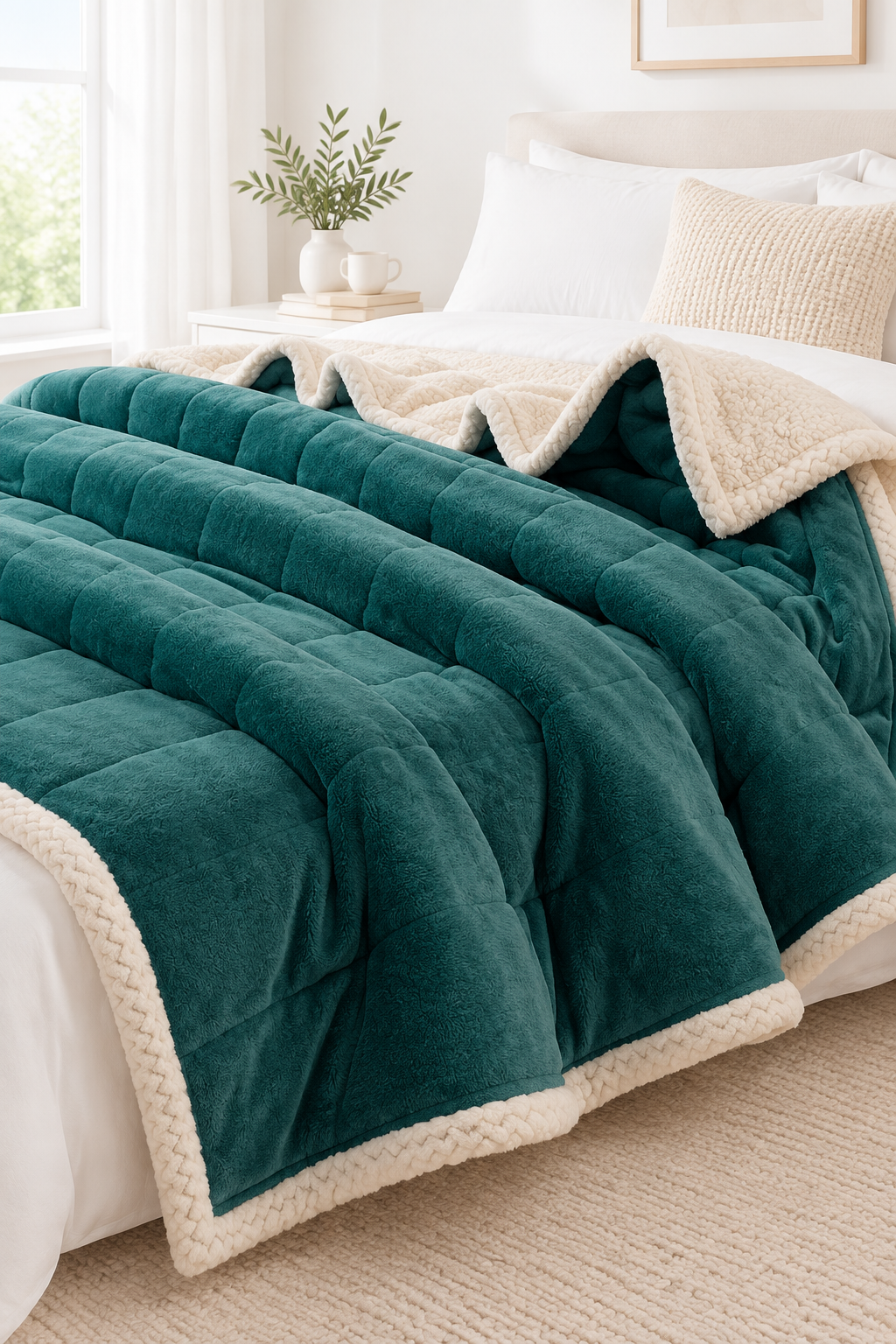 Navy Blue three-layer coral fleece blanket folded on a bed