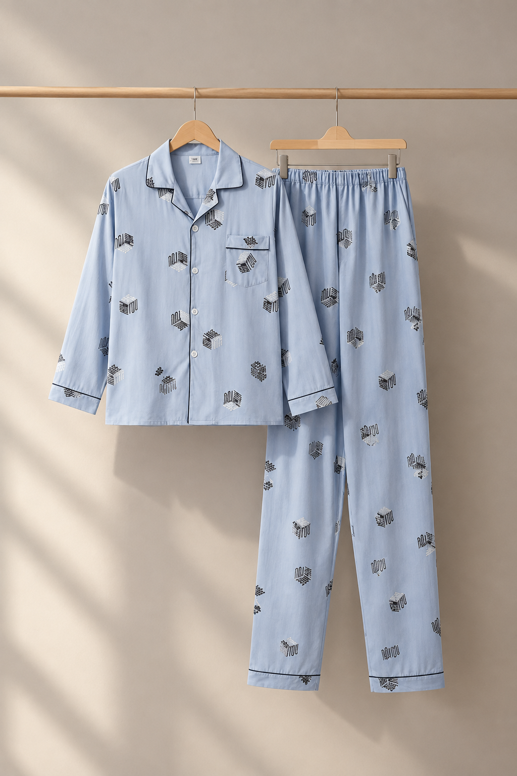 Light blue pajama set on hangers