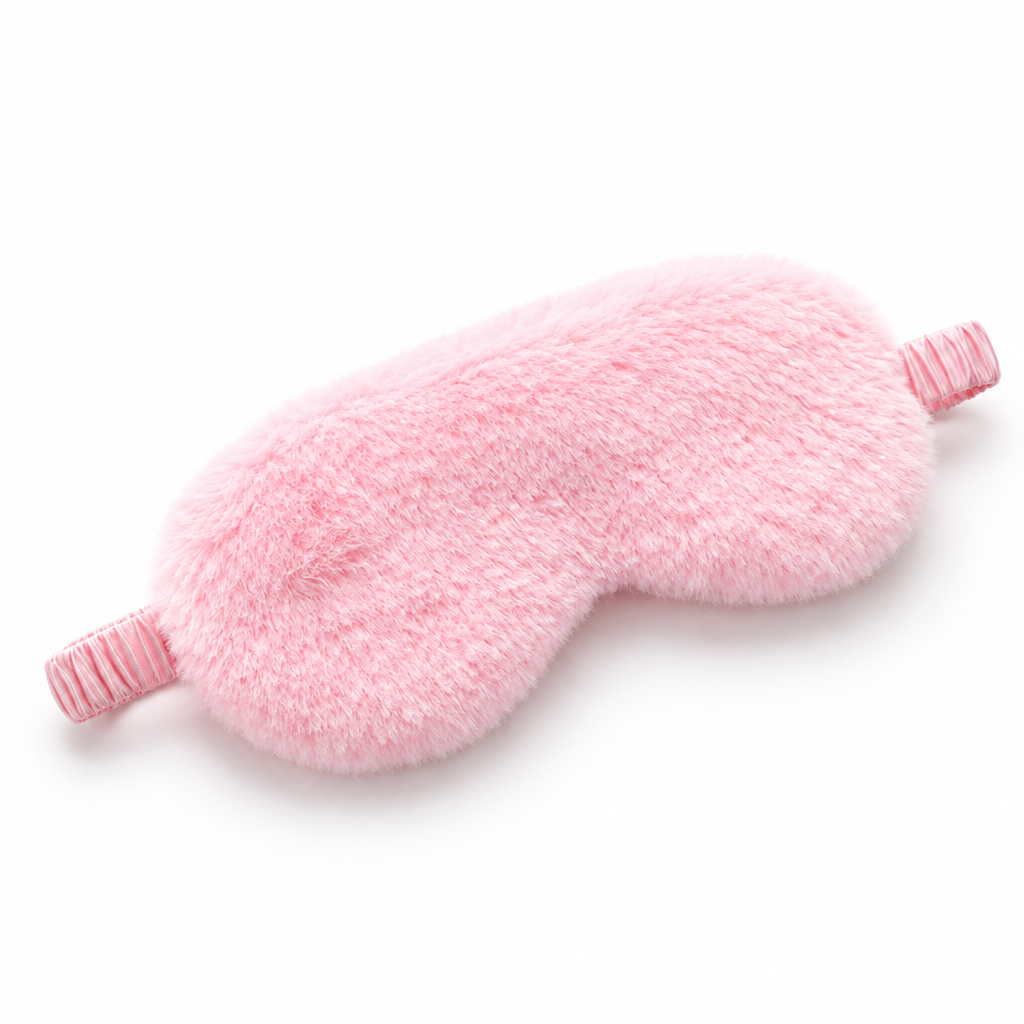 Single fresh pink plush sleep eye mask on white