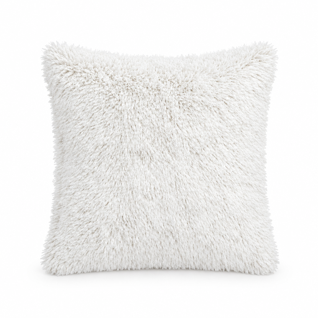 White fluffy pillow cover, 45 × 45 cm, styled on white