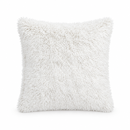 White fluffy pillow cover, 45 × 45 cm, styled on white