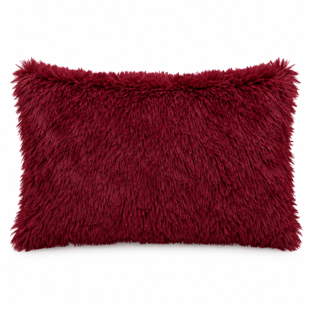 Wine red fluffy pillow cover, 30 × 50 cm, styled on white