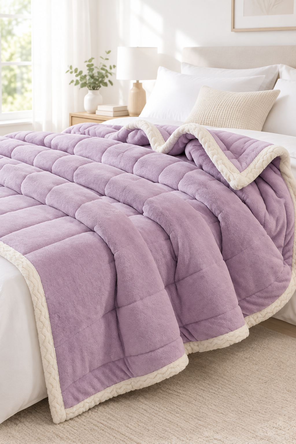 Purple three-layer coral fleece blanket folded on a bed
