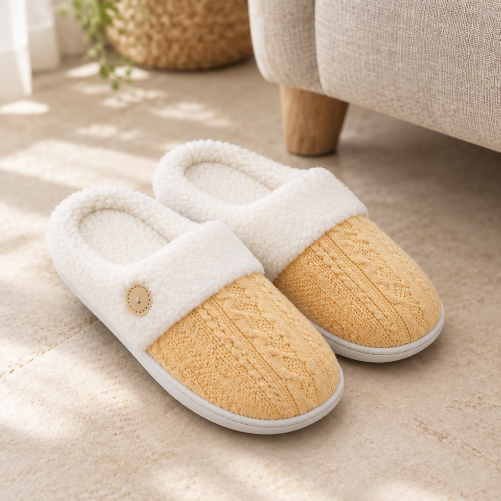 Yellow pair of soft-lined indoor slippers in natural light