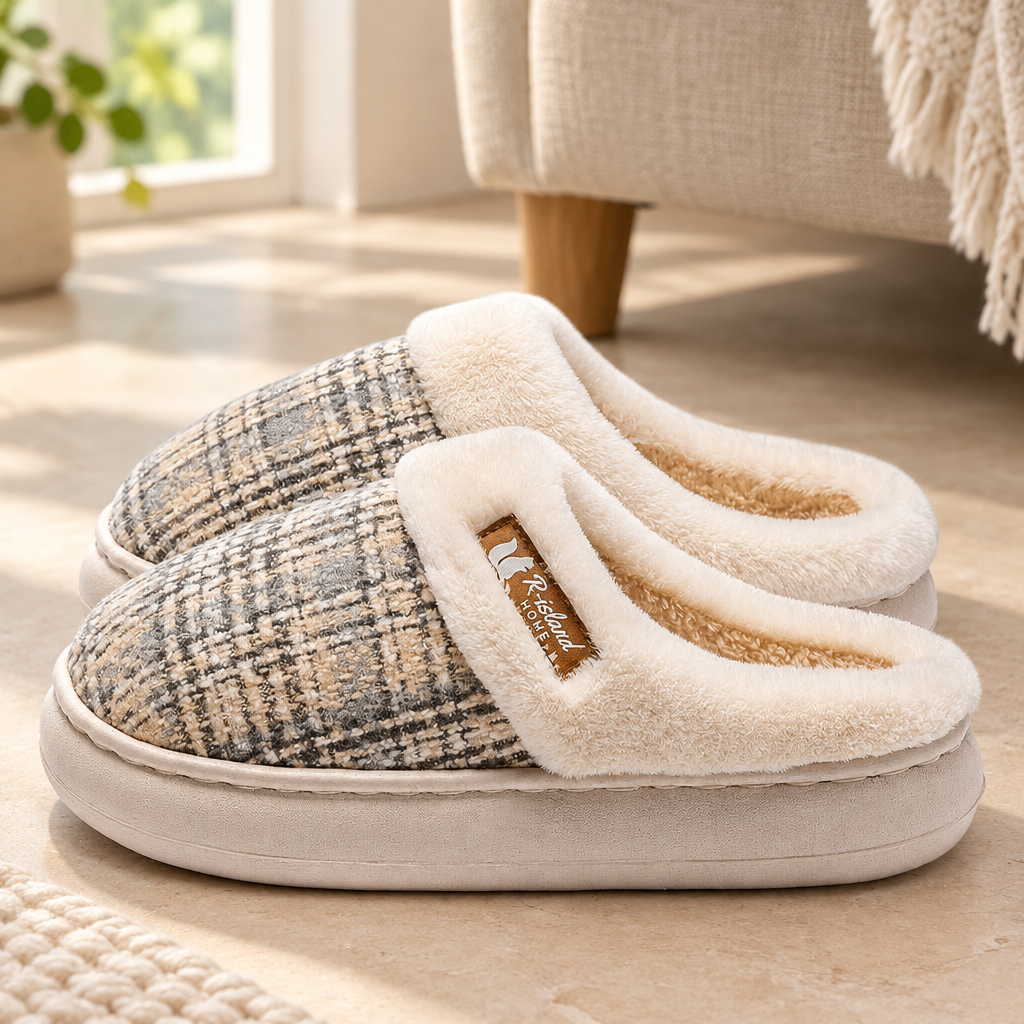 Beige pair of plush thick-soled house slippers in natural indoor light