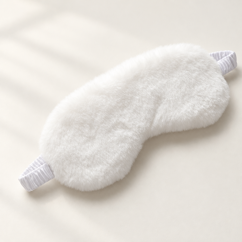 White plush sleep eye mask on warm white surface