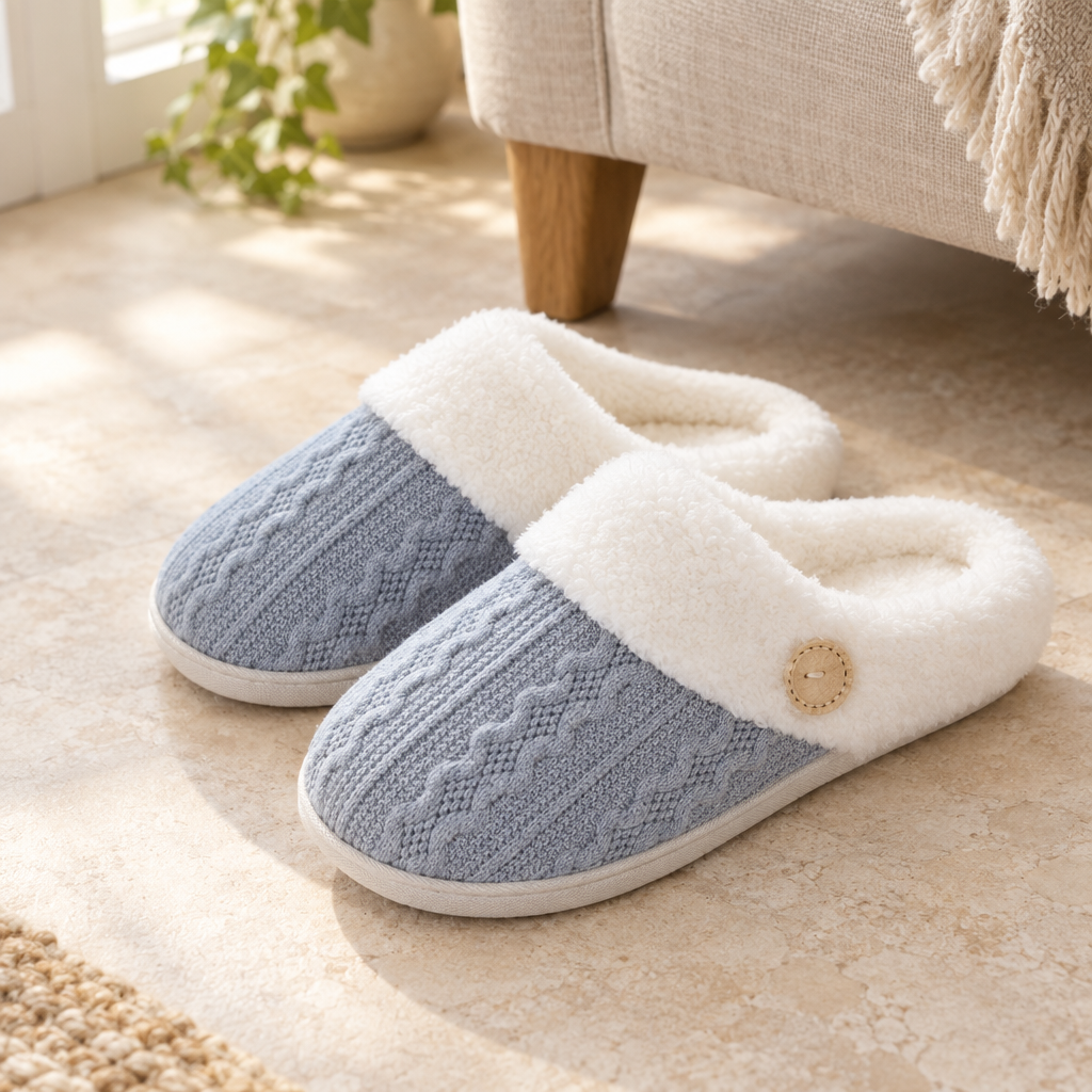 Blue pair of soft-lined indoor slippers in natural light