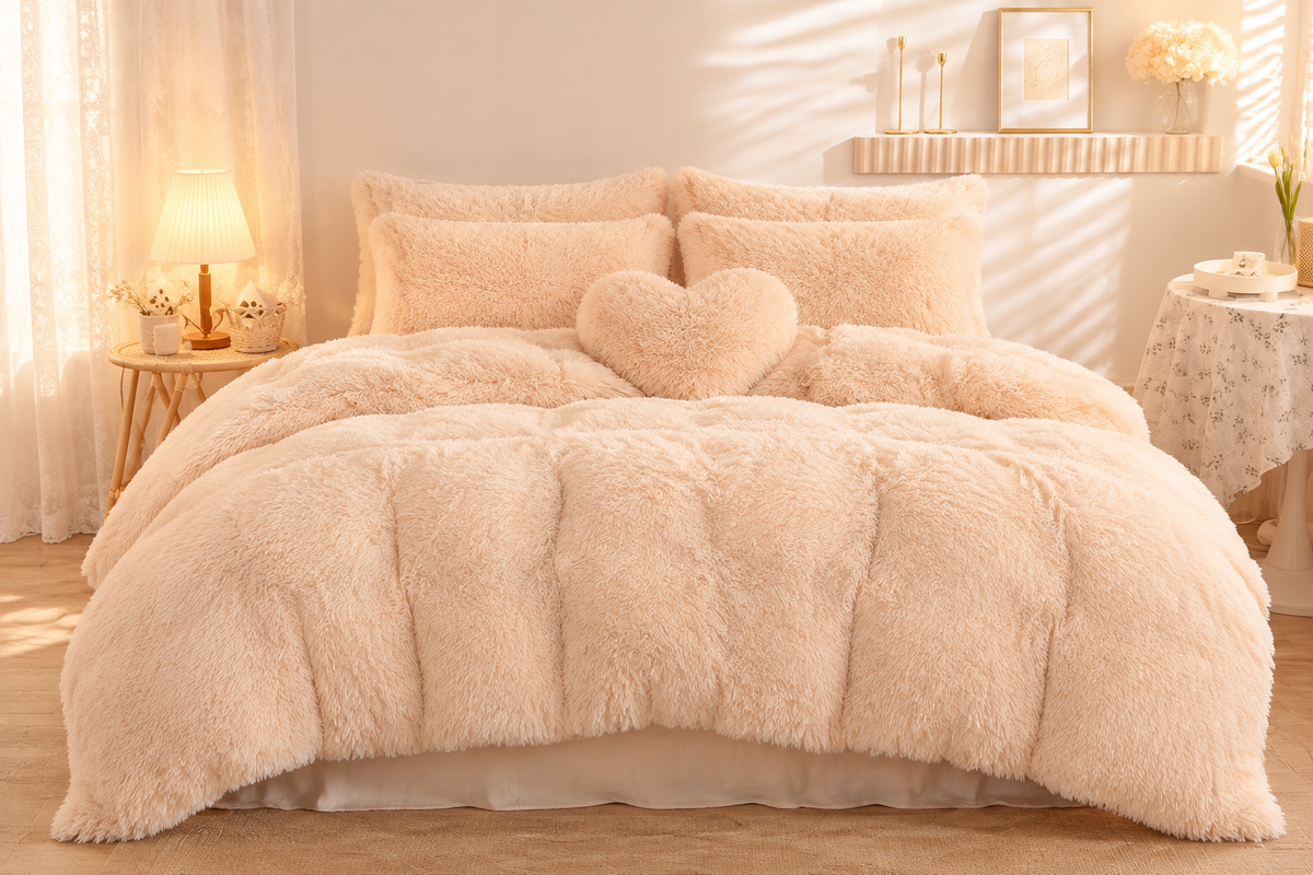 Fleece Bedding Set with Heart Pillow in Beige, King size