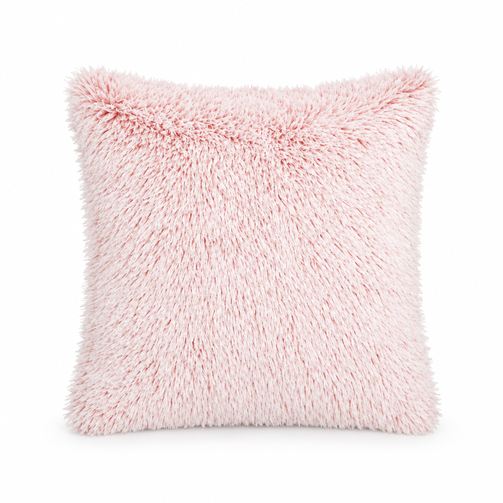 Pink fluffy pillow cover, 45 × 45 cm, styled on white