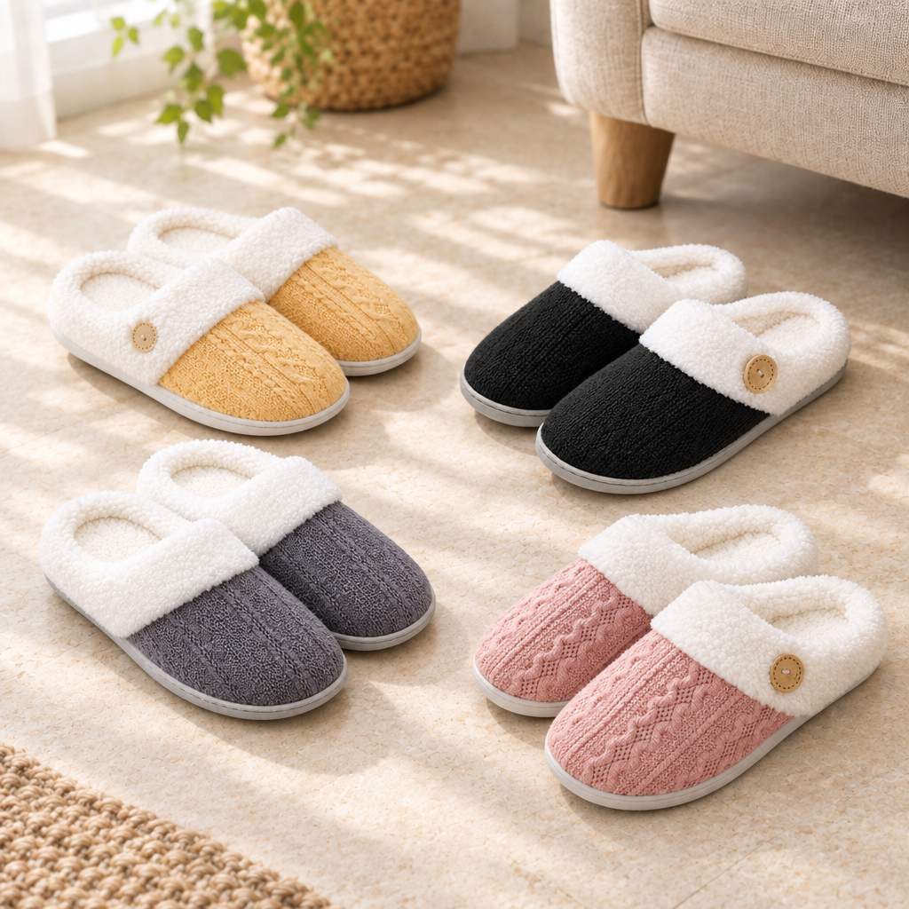 Yellow, black, grey and pink soft-lined slippers arranged in a naturally lit room