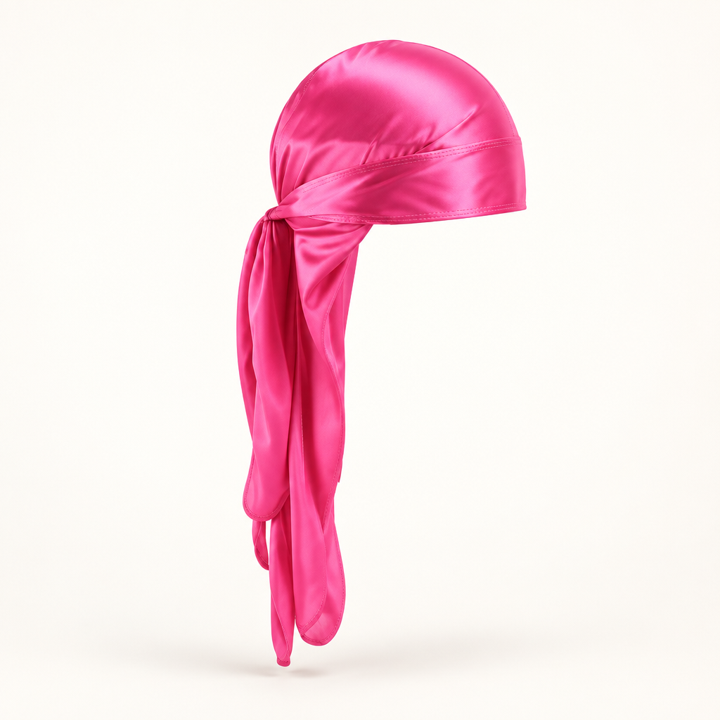 Rose long durag alone on a warm white background, 3D-style product view