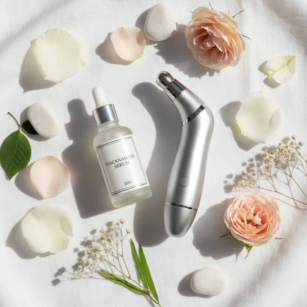 Skincare serum with eye beauty device flatlay