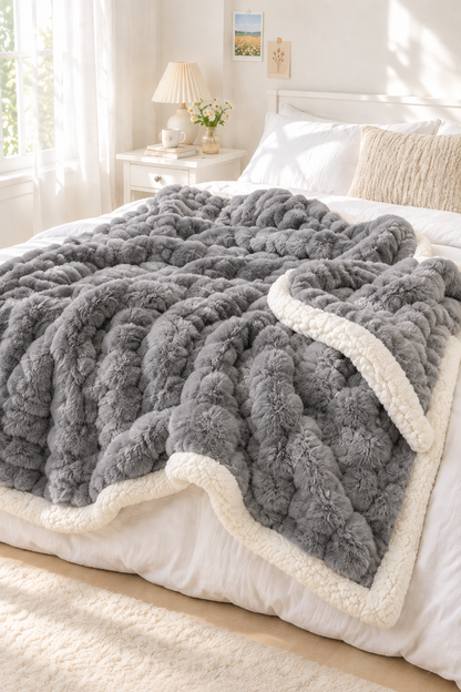 Light Gray double-layer bubble blanket lying on a bed