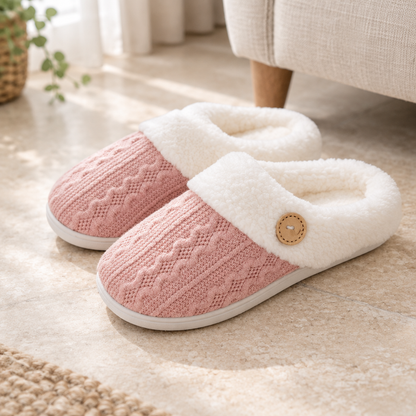 Pink pair of soft-lined indoor slippers in natural light