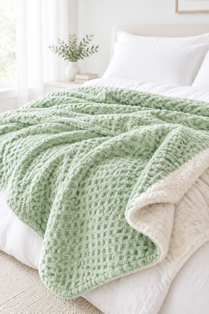 Dark Gray waffle jacquard throw blanket folded on a bed