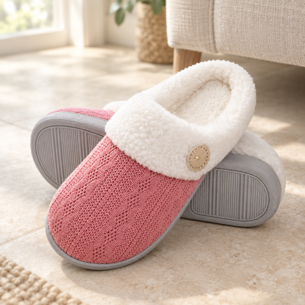 Red pair of soft-lined indoor slippers in natural light