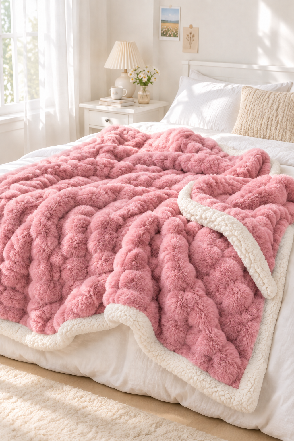 Dark Gray double-layer bubble blanket draped casually on a bed