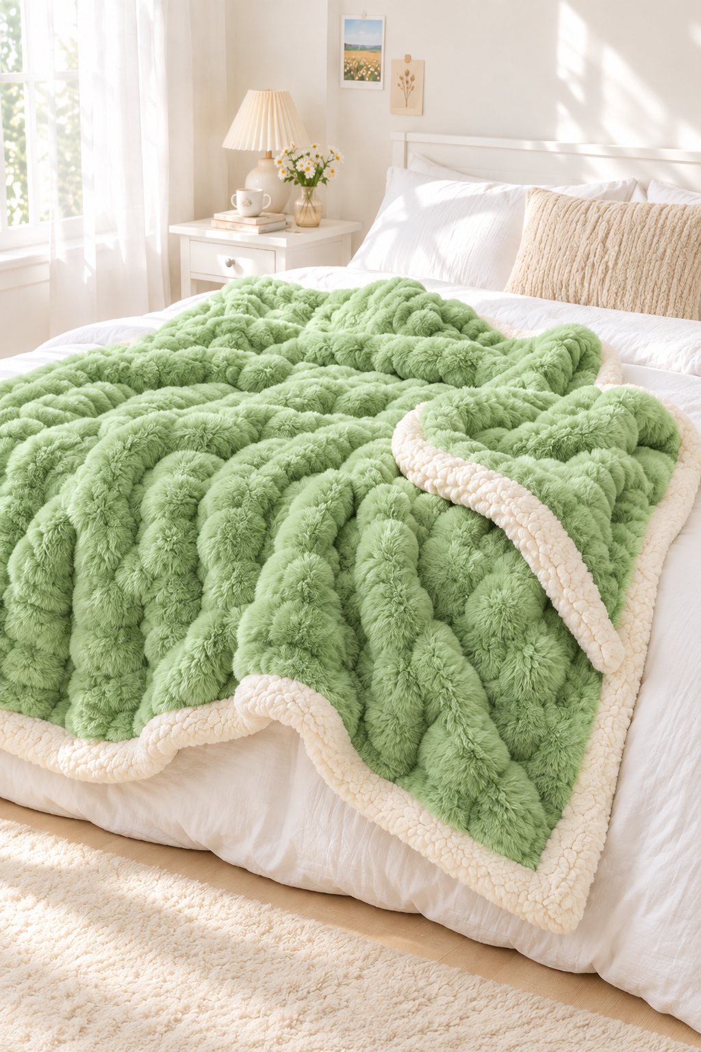 Willow Green double-layer bubble blanket lying on a bed