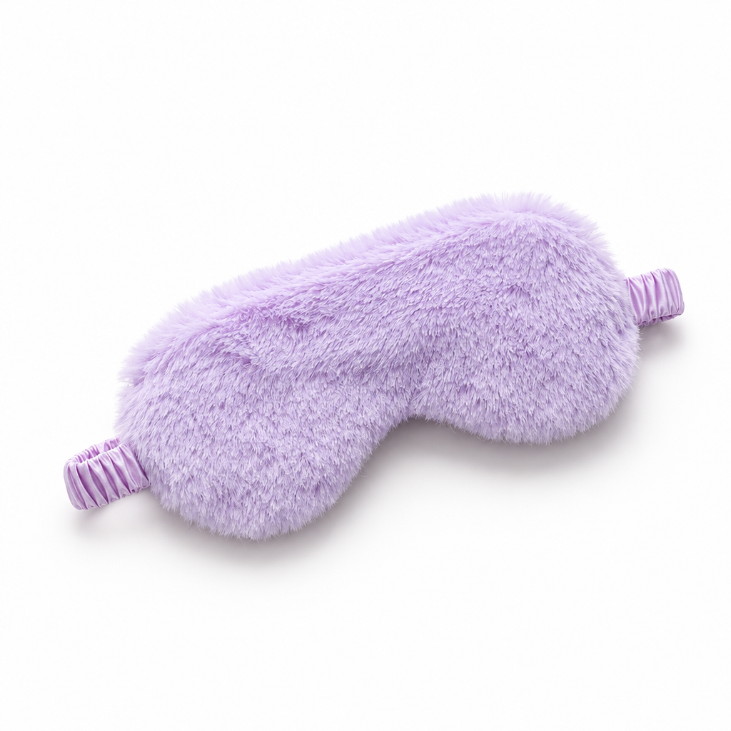 Single violet plush sleep eye mask on white