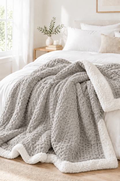 Light Pink waffle jacquard throw blanket folded on a bed