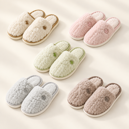 Five pairs of plush indoor slippers in beige, pink, green, grey and coffee on a warm white background
