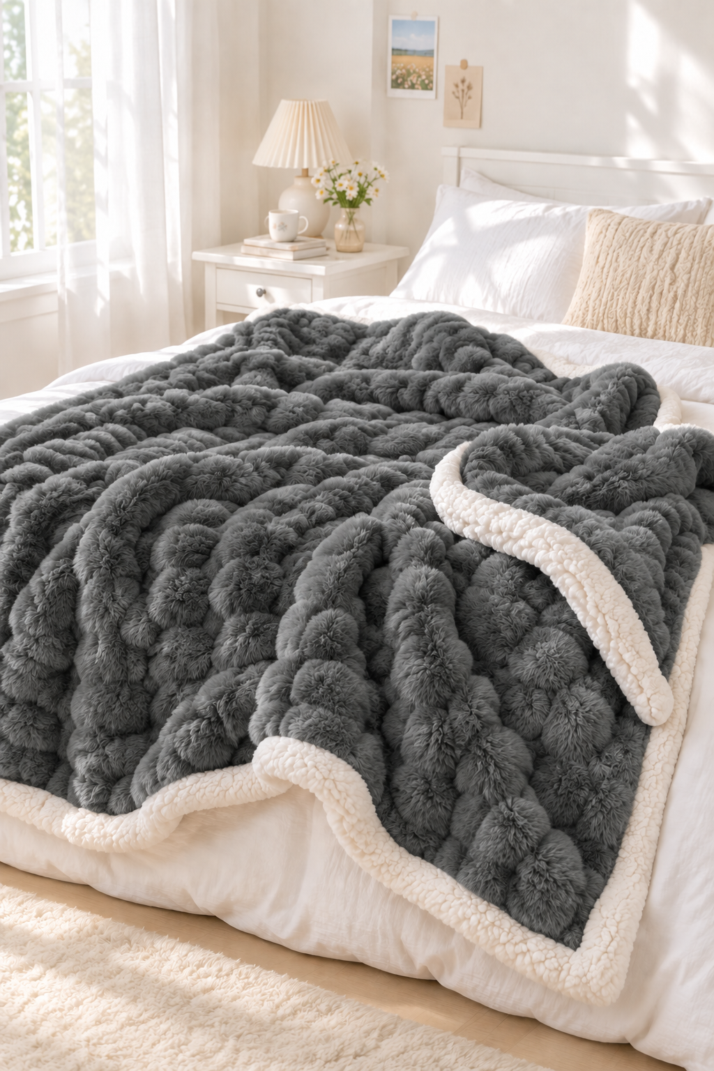 Light Gray double-layer bubble blanket draped casually on a bed