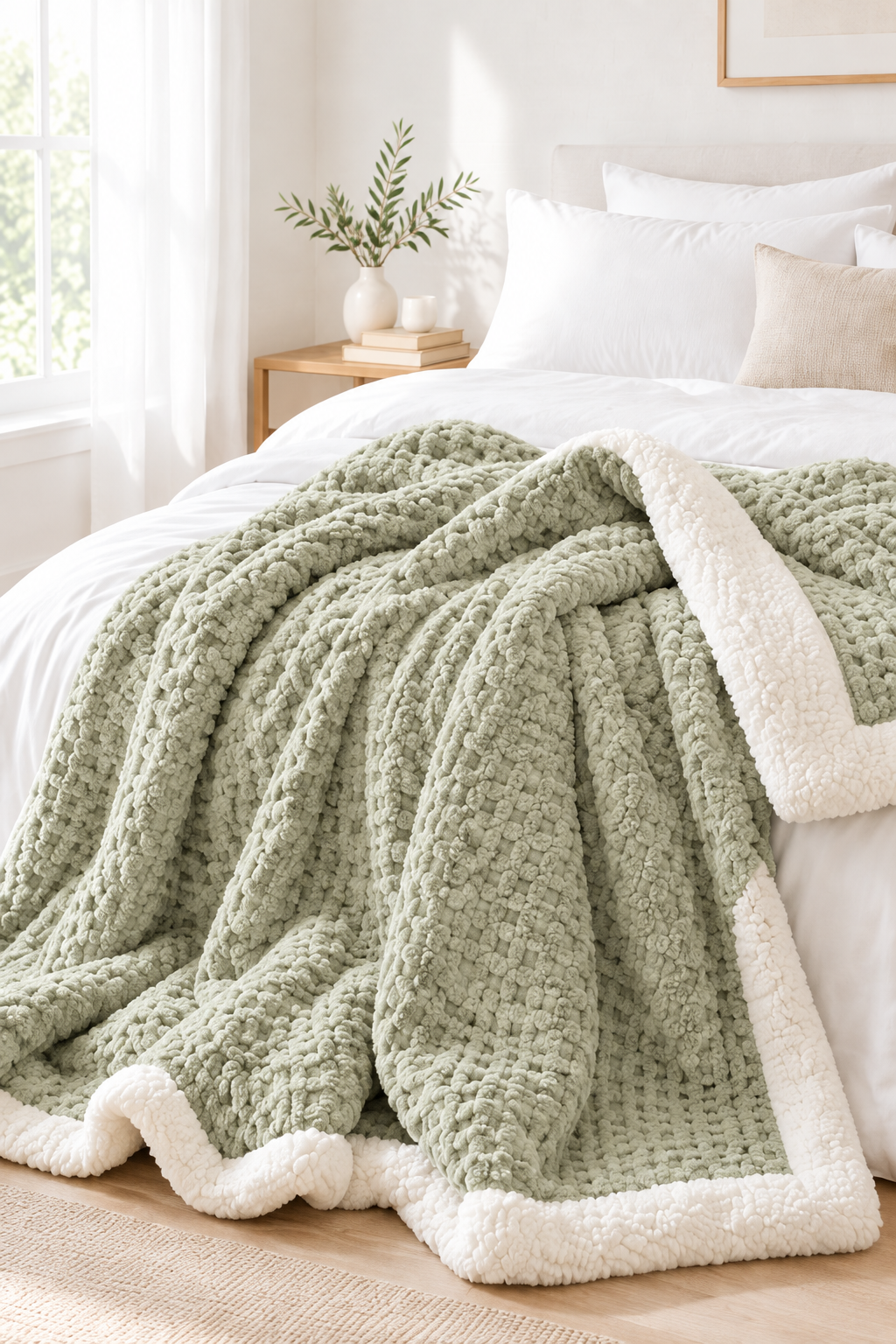 Fog Blue waffle jacquard throw blanket folded on a bed
