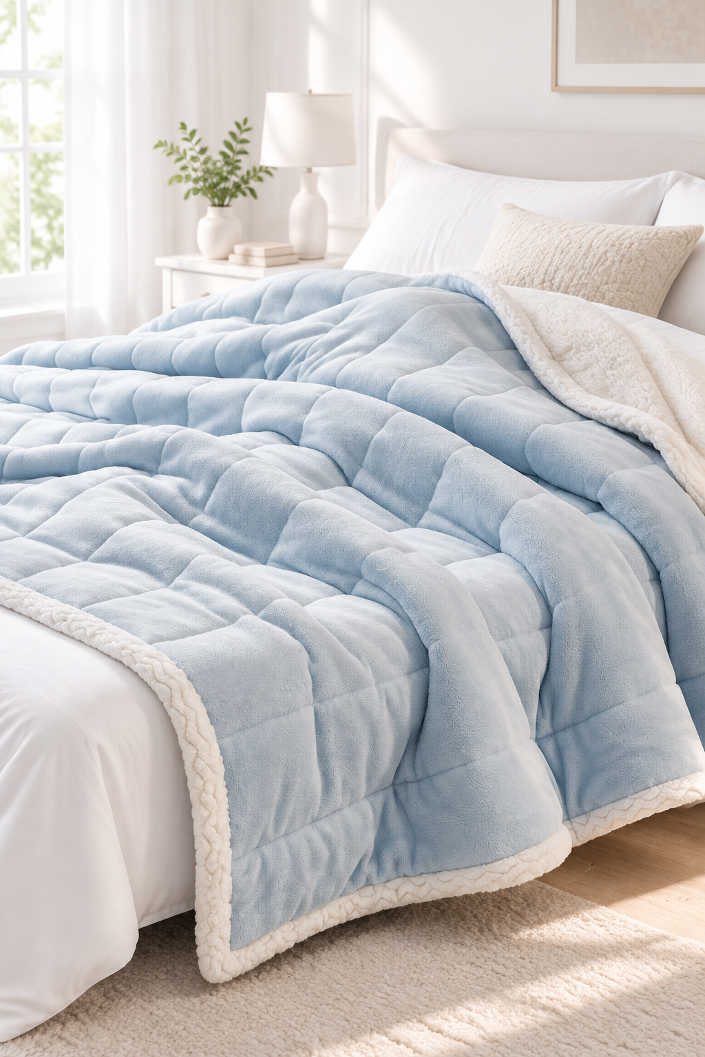 Sky Blue three-layer coral fleece blanket folded on a bed