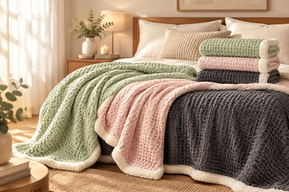 Bed layered with green, pink, and gray waffle jacquard blankets
