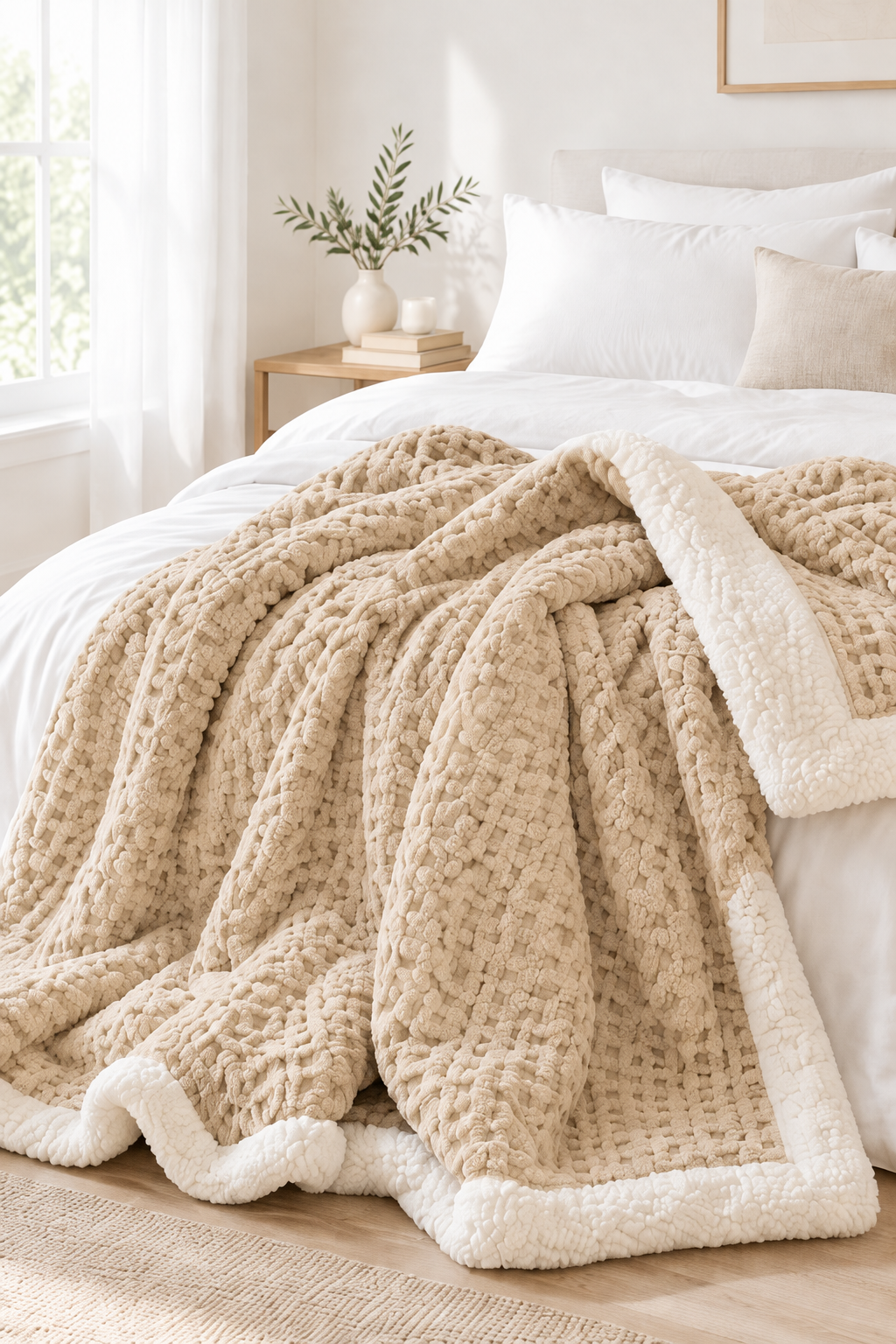 Smoky Gray waffle jacquard throw blanket folded on a bed