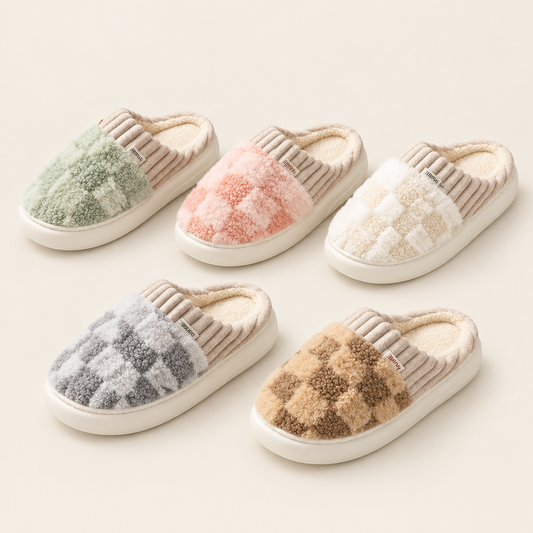 Plaid plush slippers studio shot