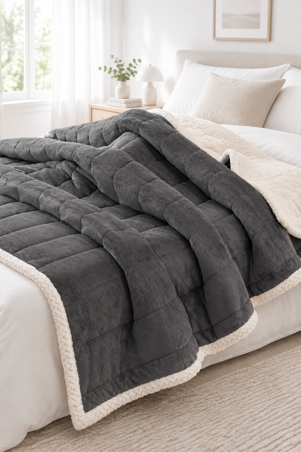 Grey three-layer coral fleece blanket folded on a bed